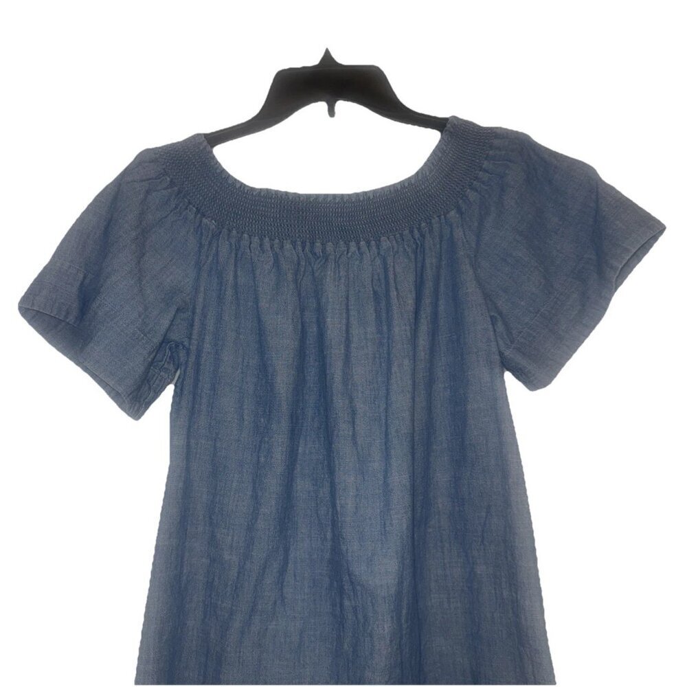 J Crew Womens Off The Shoulder Blue Chambray Smocked Dress Sz 10 - Picture 2 of 8